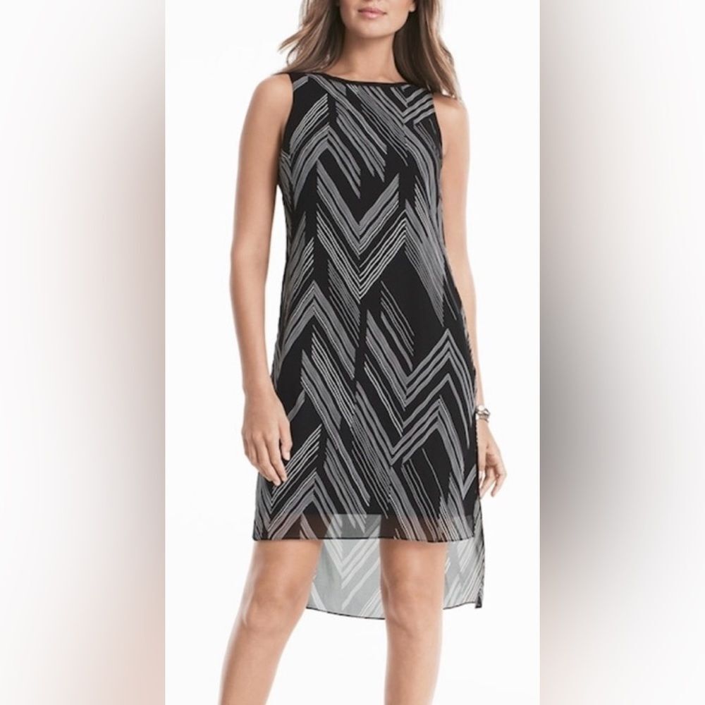 White House Black Market Woven Overlay Dress Size Small Round Neck Black
